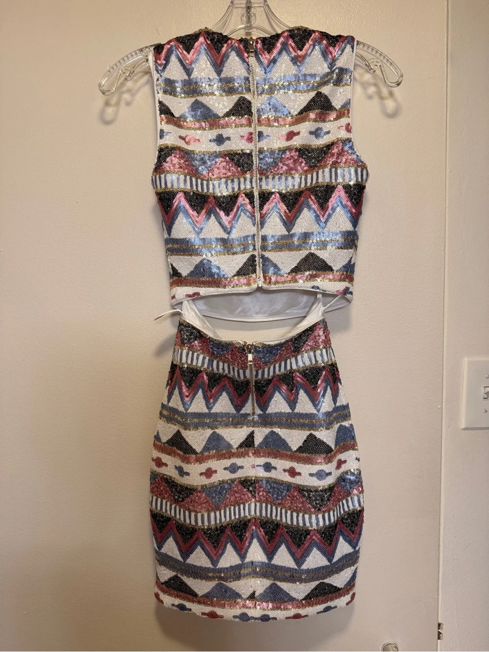 bebe Multicolor Geometric Crop Top & Mini Skirt Set - White, Blue, Red, Black